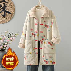 批发实拍新中式拼接仿羊绒领国风百搭冬保暖中长款袍子花色棉衣棉服女