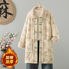 批发实拍新中式拼接仿羊绒领国风百搭冬保暖中长款袍子花色棉衣棉服女