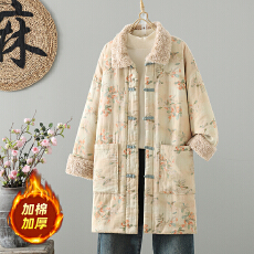 批发实拍2025冬新中式仿羊绒领国风百搭保暖中长款袍子花色<b class='q'>棉衣</b>棉服女