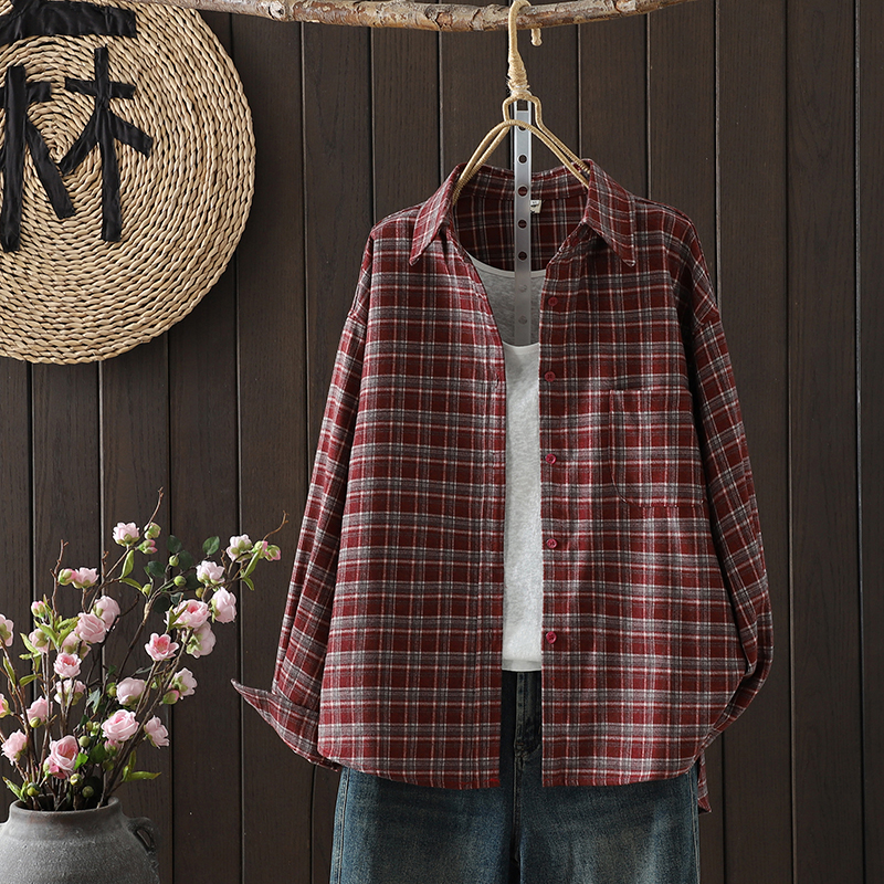 실사 앤 코라 빨간색 체크무늬 연삭 털 셔츠 봄과 가을 레트로 다용도 루즈핏 스택 착용 긴팔 맨위 여성