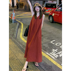 批发红色无袖背心<b class='q'>连衣裙</b>子女夏 2026新款爆款巨好看海边度假旅行长裙