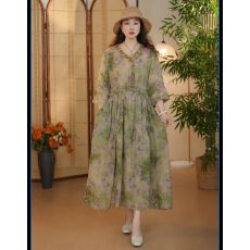 批发绿野仙踪  复古刺绣气质印花连衣<b class='q'>裙</b>夏新品v领宽松收腰显瘦中长<b class='q'>裙</b>