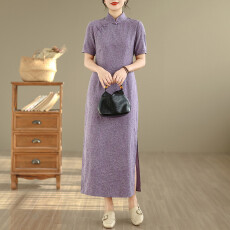 批发老钱风亚麻棉炒色提花改良旗袍2026夏款新中式修身短袖气质连衣裙