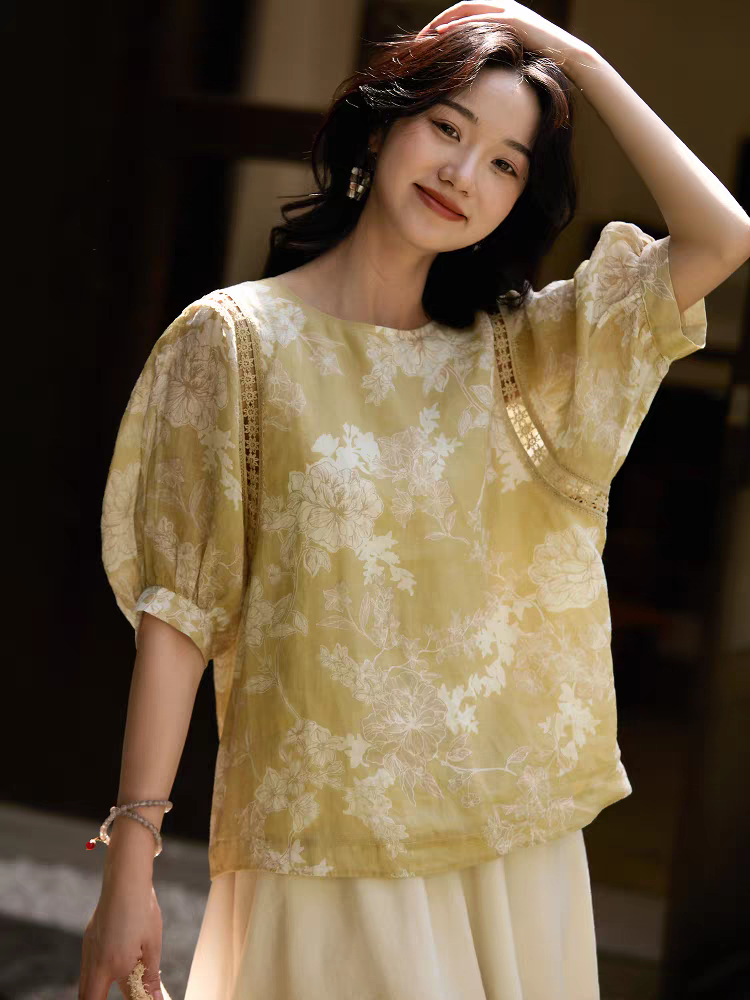 모 향기로운 얕은 얇은 스타일 면 린넨 종이 절단 프린트 홀로우 아웃 레이스 벌룬 소매 작은 셔츠 맨위 여성 26 여름 の