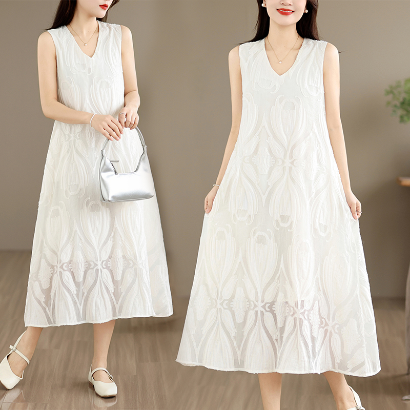 실사 고급 센스 품격 자수 드레스 2026 여름 새로운 미니멀리즘 루즈핏 빅 사이즈 슬림해 보이는 프랑스식 롱 스커트