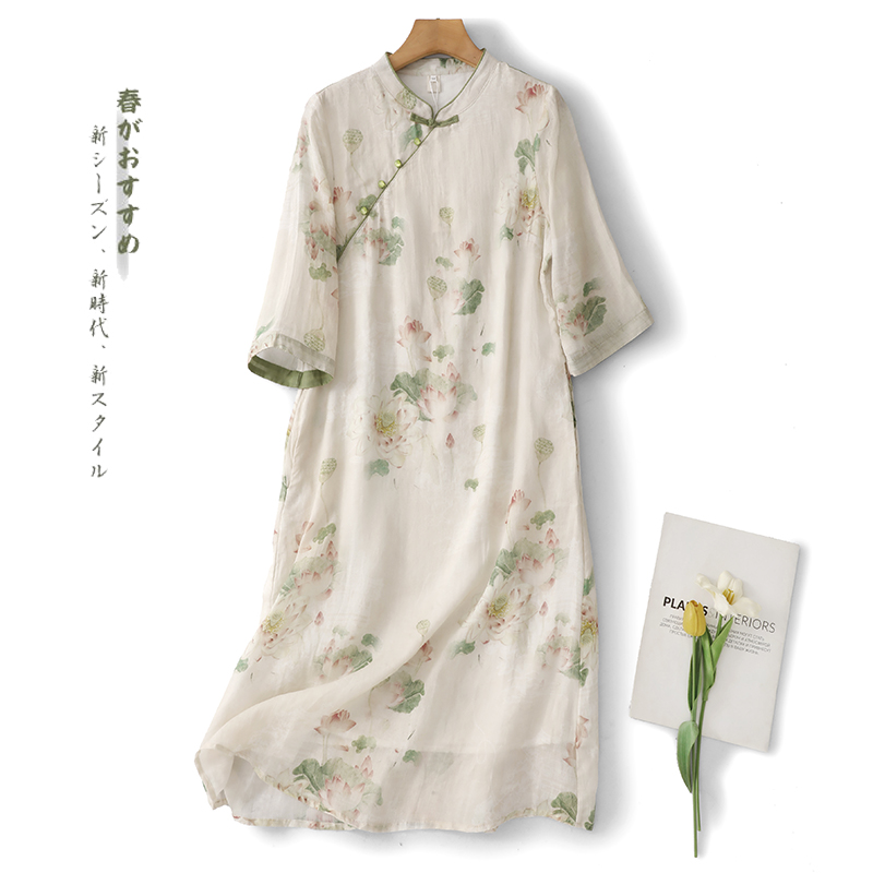 여름 요금 품격 슬림해 보이는 면 린넨 중국풍 개선 치파오 2026 여름 새로운 루즈핏 중간 길이 드레스