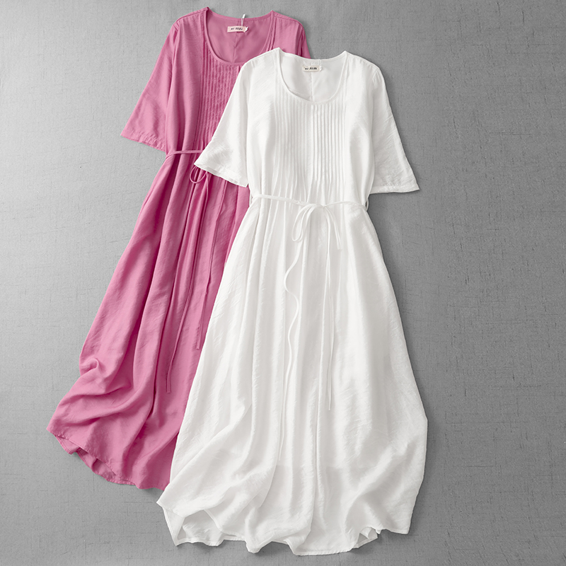 실사 고급 센스 품격 주간 실크 코튼 여성 드레스 2026 여름 새로운 루즈핏 슬림해 보이는 통기성 휴가 롱 스커트