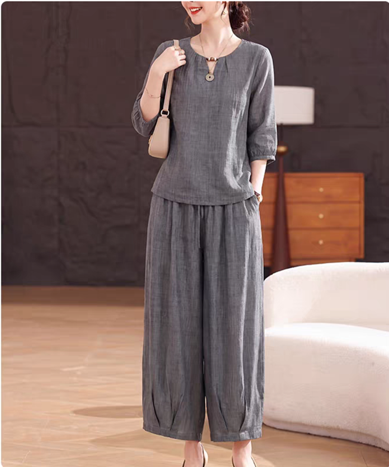 라운드 넥 품격 면 린넨 세트 설정 구슬 맞춤 섹션 셔츠 루즈핏 와이드 레그 팬츠 2026 여름 빅 사이즈 패션 어머니 드레스