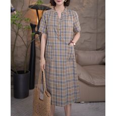 批发纯棉气质格子连衣裙2026夏季薄款宽松大码时尚V领洋气妈妈裙