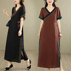 批发民族风重工刺绣棉麻连衣裙2026夏季新款V领显瘦复古优雅气质长裙