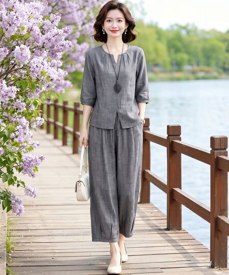 라운드 넥 품격 면 린넨 세트 설정 구슬 맞춤 섹션 셔츠 루즈핏 와이드 레그 팬츠 2026 여름 빅 사이즈 패션 어머니 드레스