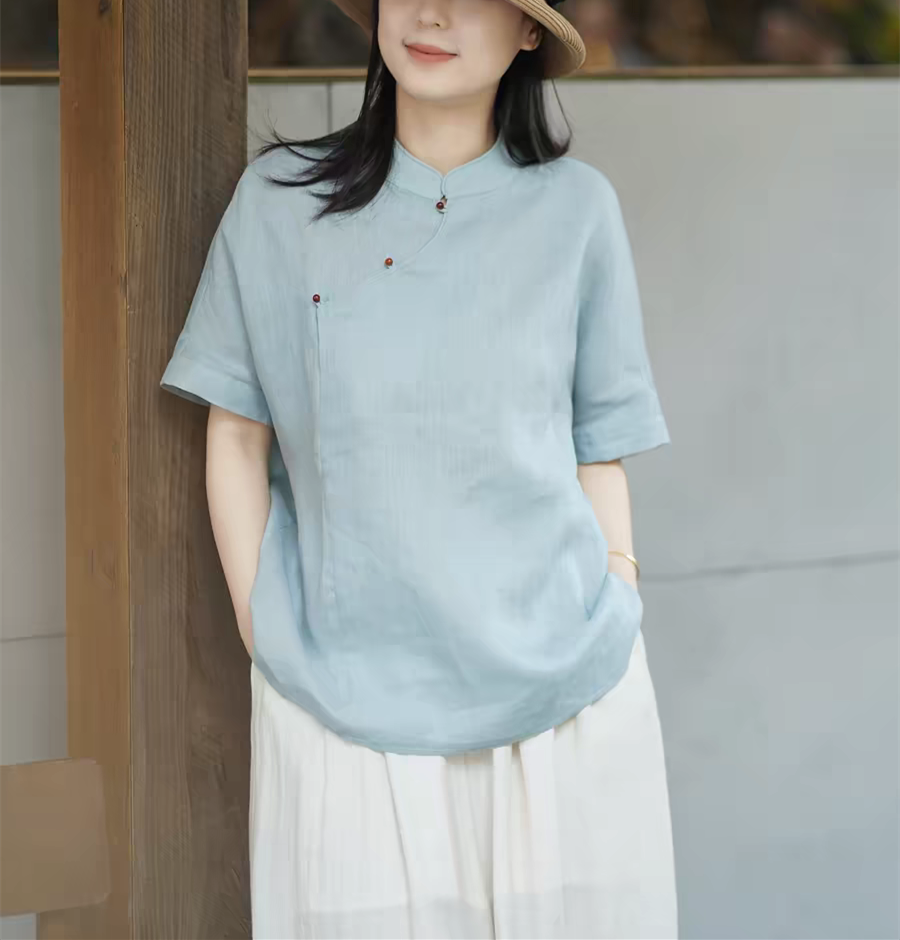 새로운 중식 국풍 레트로 면 린넨 스탠드 칼라 치파오 맨위 여성 2026 여름 새로운 캐주얼 루즈핏 단추 반팔