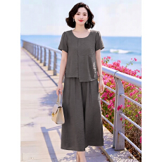 批发气质天丝棉套装洋气<b class='q'>中老年</b>妈妈夏装新款短袖t恤两件套新中式上衣