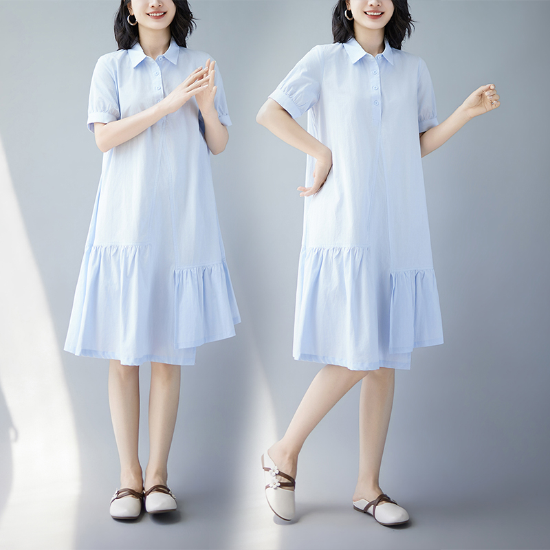 실사 한국 스타일 드레스 여름 섹션 2025 새로운 폴로 칼라 패션 캐주얼 빅 사이즈 중간 길이 순면 셔츠 치마