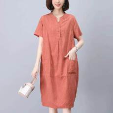 批发高档棉麻提花短袖中长款<b class='q'>连衣裙</b>夏季新款休闲气质大码宽松<b class='q'>妈妈</b>裙子