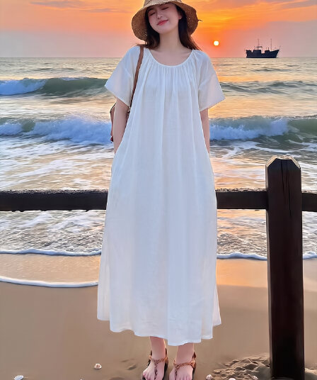 실사 여름 새로운 한 부서 더블 실 순면 드레스 V넥 캐주얼 루즈핏 품격 슬림해 보이는 점프 슈트