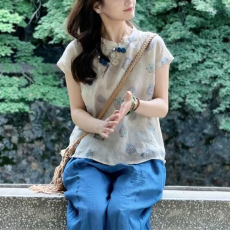 批发宝相花新中式葫芦扣棉麻斜襟衬衫女2026夏季新款宽松百搭上衣