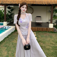 批发<b class='q'>实拍</b>~两件套连衣裙女2026年夏季小野莓新款蕾丝网纱拼接法式套装