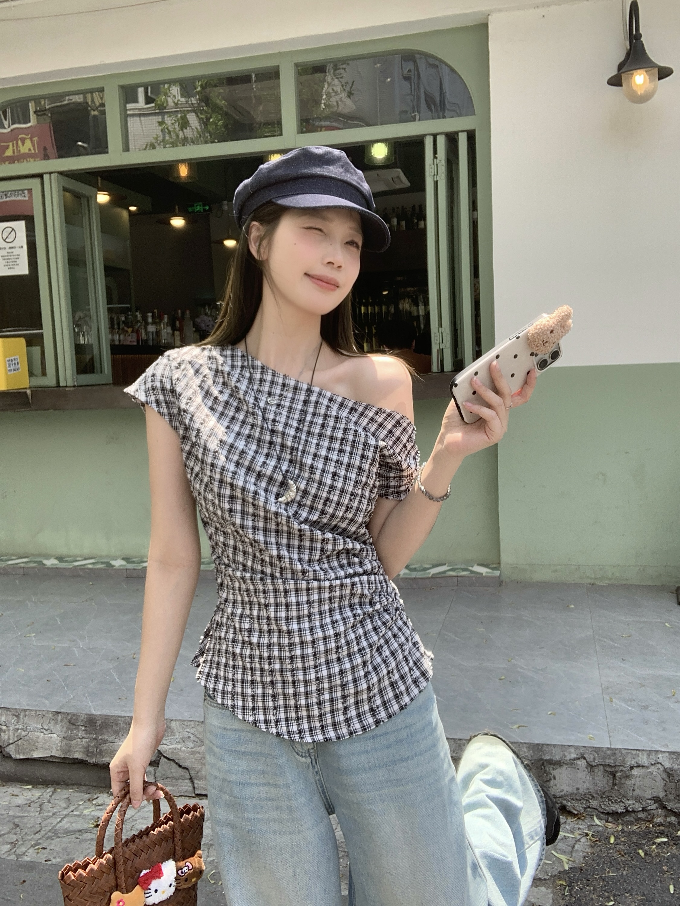 MY8294# 大码女装夏季新款法式设计感气质修身格子斜肩上衣女裝貨源服裝批發