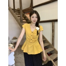 批发实拍 <b class='q'>大码</b>胖MM夏季新款韩系设计感V领褶皱收腰显瘦上衣