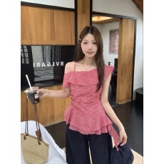 批发实拍 <b class='q'>大码</b>胖妹妹夏季新款荷叶边露肩格子衬衫绝美独特斜肩上衣