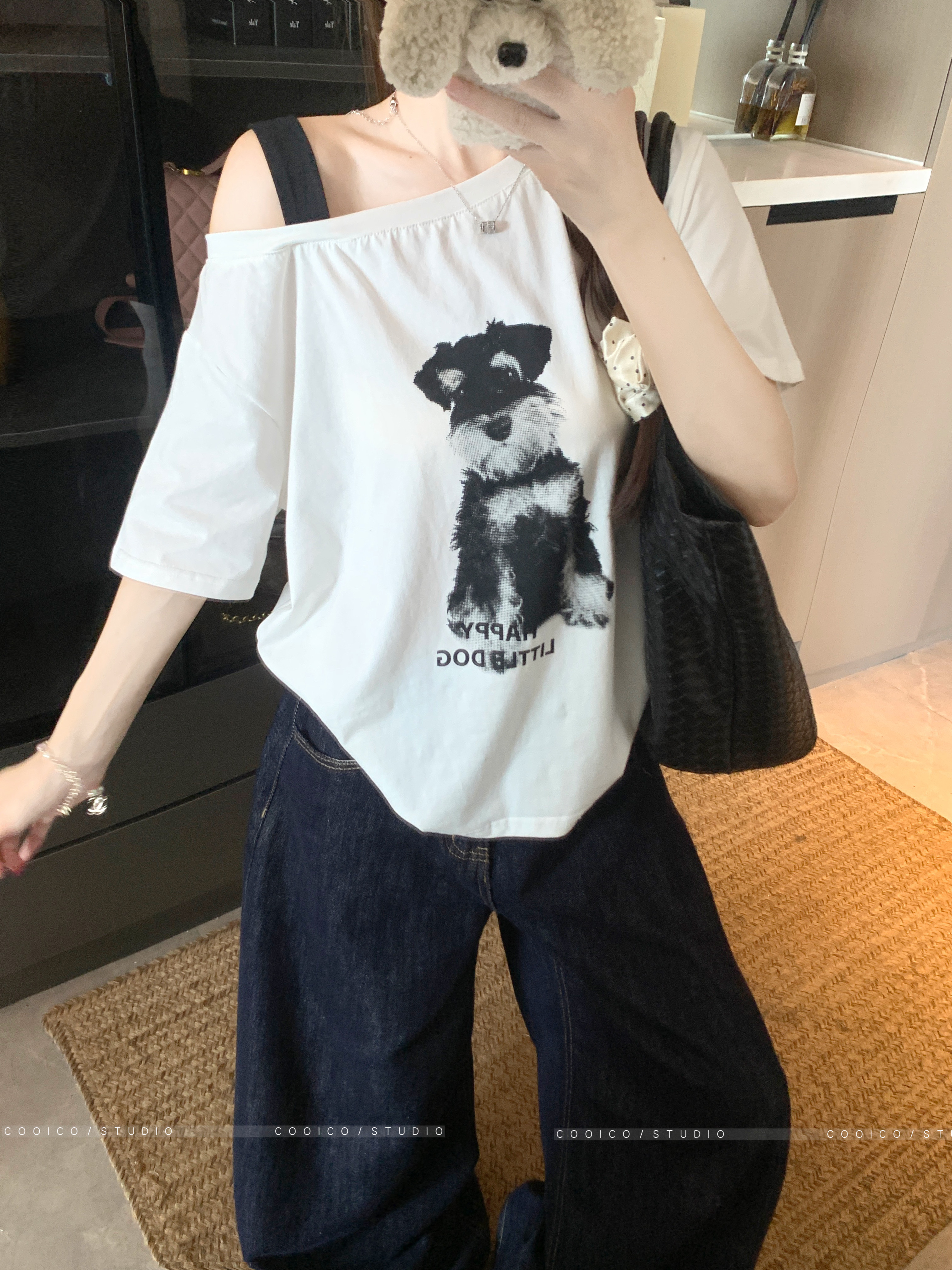 MY12588# 实拍 大码美式辣妹卡通小狗斜肩短袖T恤宽松慵懒感百搭休闲上衣