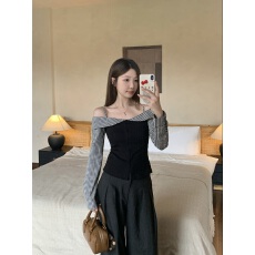 批发实拍 <b class='q'>大码</b>胖MM春季新款假两件格子拼接露肩<b class='q'>长袖</b>一字肩修身上衣