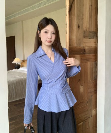 실사 빅 사이즈 지방 mm 가을 새로운 한 부서 측면 단추 허리 수축 슬림해 보이는 셔츠 스트라이프 다용도 맨위