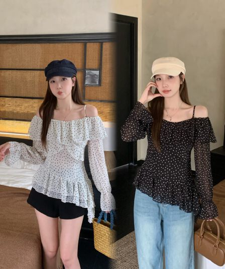 실사 빅 사이즈 가을 새로운 한 부서 도트 무늬 프릴 오프숄더 셔츠 품격 슬림해 보이는 오프숄더 맨위