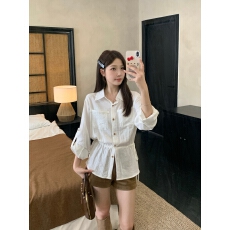 批发实拍 <b class='q'>大码</b>韩系Polo领休闲<b class='q'>长袖</b>衬衣抽绳设计感两穿收腰显瘦上衣