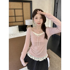 批发实拍 大码胖MM秋<b class='q'>冬</b>新款韩系纯欲氛围感蕾丝假两件长袖T恤百搭上衣