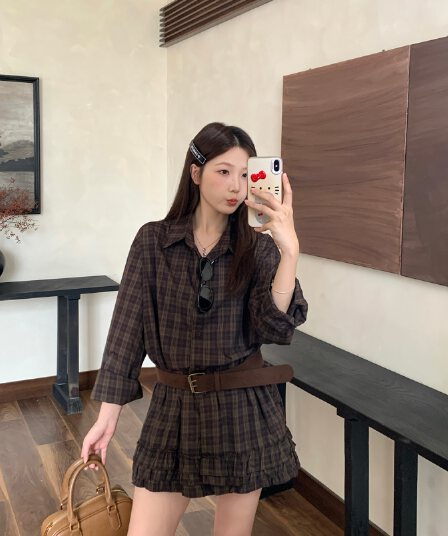 실사 빅 사이즈 통통한 여동생 가을 한 부서 레트로 루즈핏 셔츠 체크무늬 프릴 느긋한 바람 반바지 세트