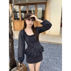 批发实拍 大码秋<b class='q'>冬</b>新款法式格子木耳边蝴蝶结衬衫百搭修身显瘦上衣