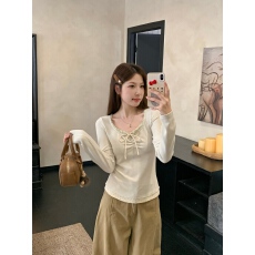 批发实拍 大码秋<b class='q'>冬</b>新款韩系假两件碎花拼接绑带上衣正肩纯欲百搭打底