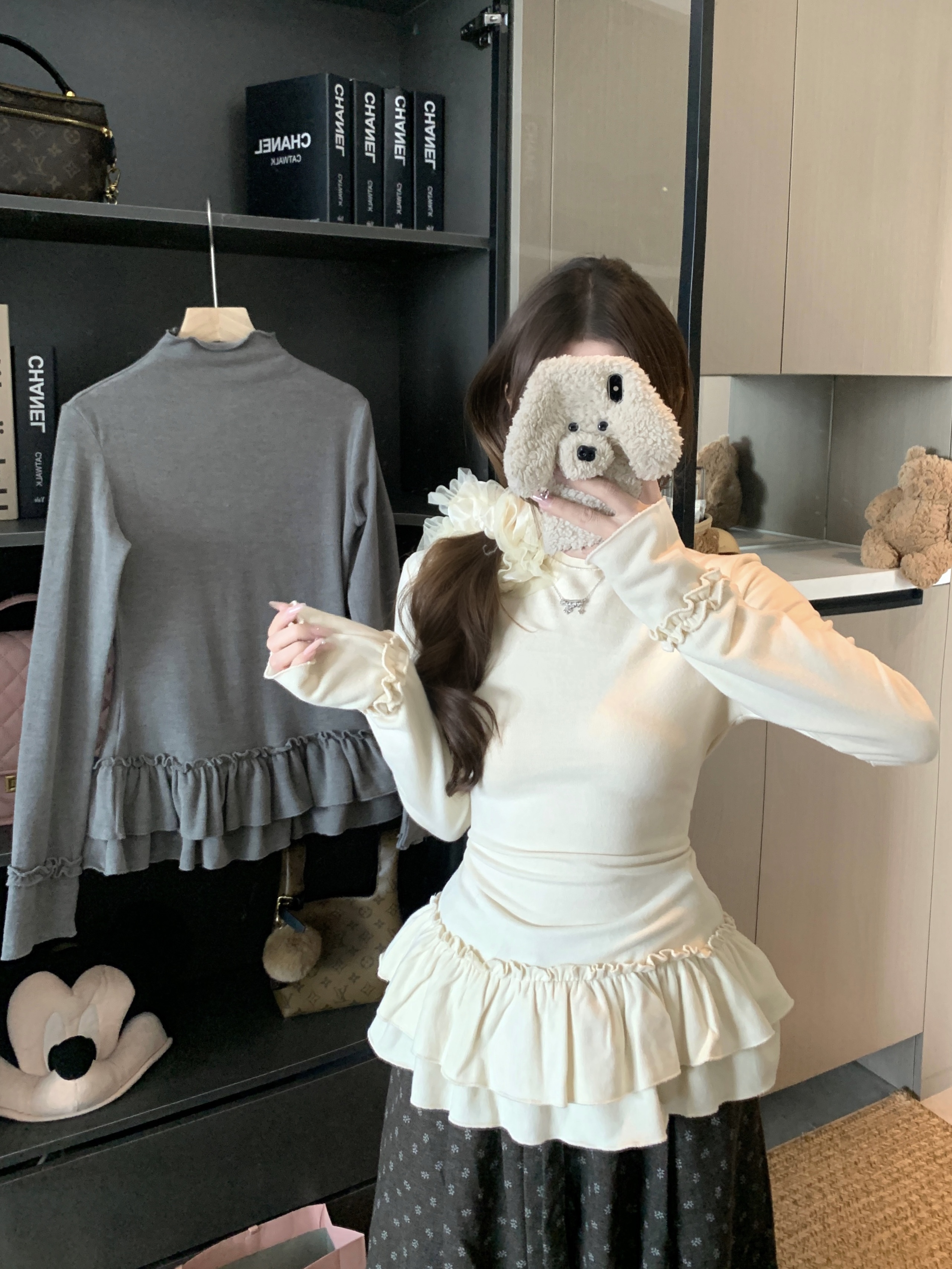 实拍 大码秋冬新款韩系花边半高领打底上衣百搭修身显瘦长袖内搭