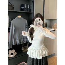 批发实拍 大码秋<b class='q'>冬</b>新款韩系花边半高领打底上衣百搭修身显瘦长袖内搭