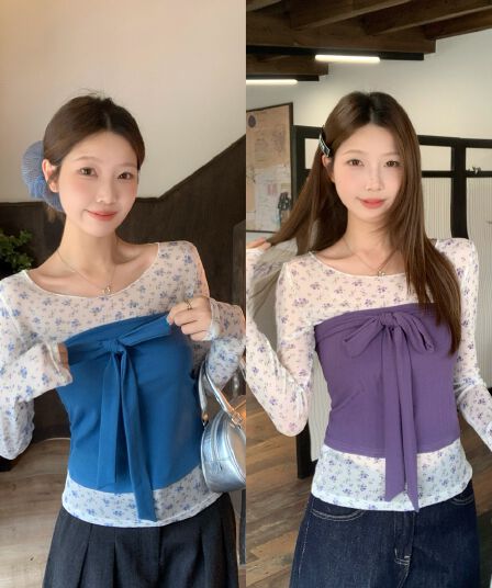 실사 빅 사이즈 통통한 여동생 2026 새로운 한 부서 작은 꽃무늬 긴팔 나비 매듭 스트랩 튜브탑 조끼 세트
