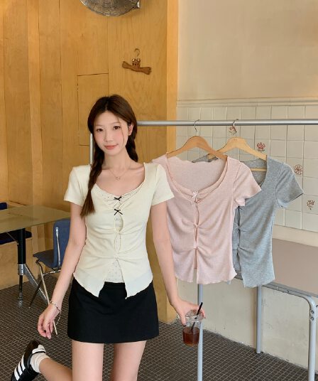 실사 빅 사이즈 지방 mm 여름 새로운 순수한 욕망 달콤한 매운맛 페이크 레이어드 도트 무늬 반팔 나비 매듭 비틀림 티셔츠 맨위