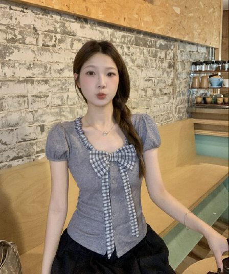 실사 빅 사이즈 여름 새로운 디자인 센스 학원 스타일 패치워크 나비 매듭 맨위 허리 수축 몸매 가꾸기 슬림해 보이는 티셔츠