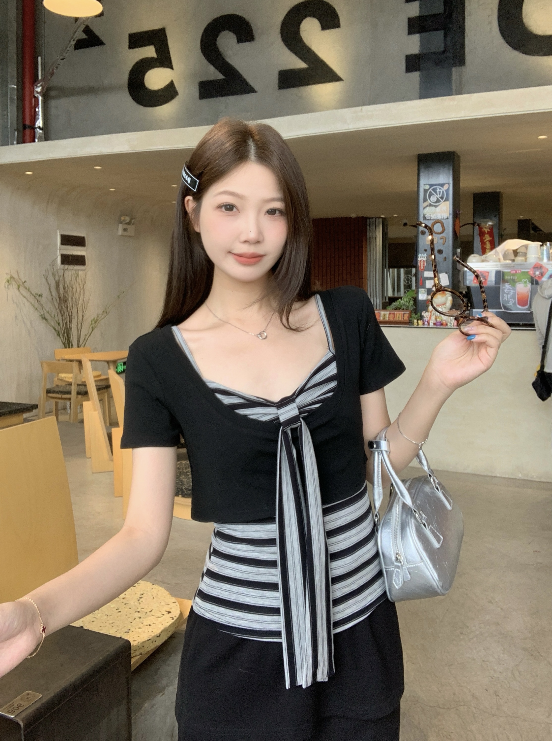 실사 빅 사이즈 통통한 여동생 한 부서 느긋한 바람 스트라이프 나비 매듭 캐미솔 반팔 다용도 투피스 세트