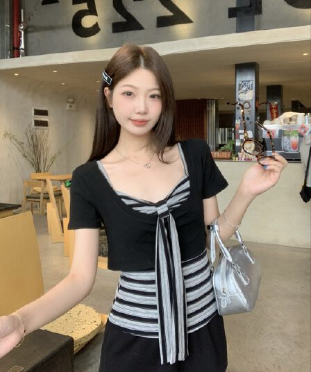 실사 빅 사이즈 통통한 여동생 한 부서 느긋한 바람 스트라이프 나비 매듭 캐미솔 반팔 다용도 투피스 세트