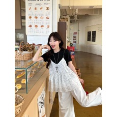 批发实拍 大码夏季新款韩系<b class='q'>甜美</b>波点吊带背心短袖T恤百搭叠穿两件套