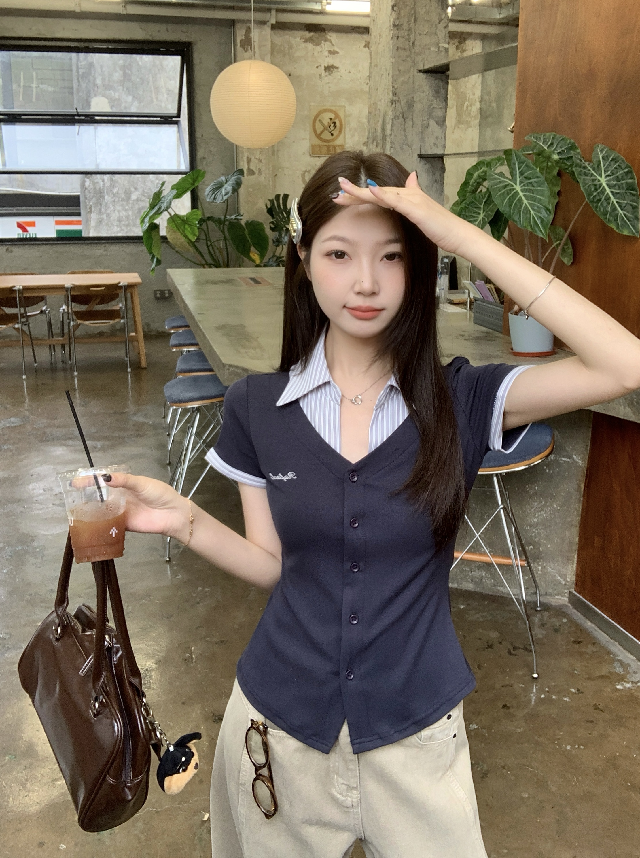 실사 빅 사이즈 여름 새로운 한 부서 학원 스타일 페이크 레이어드 반팔 맨위 패치워크 스트라이프 허리 수축 슬림해 보이는 티셔츠