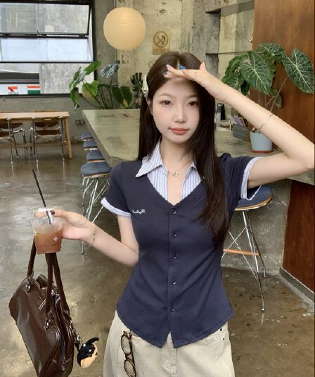 실사 빅 사이즈 여름 새로운 한 부서 학원 스타일 페이크 레이어드 반팔 맨위 패치워크 스트라이프 허리 수축 슬림해 보이는 티셔츠
