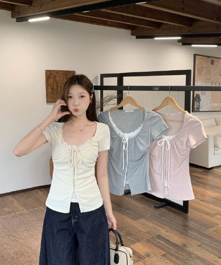 실사 빅 사이즈 지방 mm 한 부서 순수한 욕망 달콤한 핫걸 주름 허리 수축 페이크 레이어드 반팔 슬림해 보이는 다용도 맨위