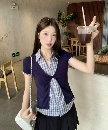실사 빅 사이즈 여름 새로운 한 부서 학원 스타일 배색 패치워크 체크무늬 페이크 레이어드 긍정적 인 어깨 의류 반팔