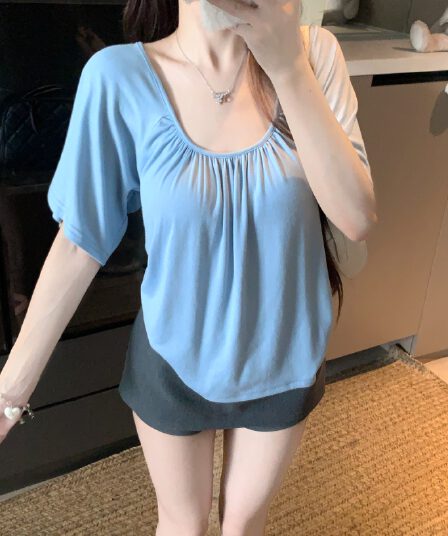 실사 빅 사이즈 여름 새로운 한 부서 단색 미니멀리즘 주름 몸매 가꾸기 슬림해 보이는 맨위 u 칼라 순수한 욕망 바람 반팔