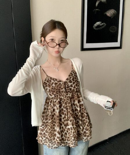 실사 빅 사이즈 통통한 여동생 여름 새로운 세련된 순수한 욕망 핫걸 레오파드 무늬 슬립 오픈 가디건 세트
