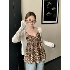 批发实拍 大码胖妹妹夏季新款时髦纯欲辣妹豹纹吊带+开衫套装