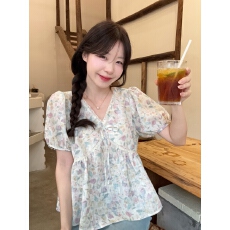 批发实拍 大码胖妹妹夏季新款法式温柔甜美气质碎花小衫V领百搭上衣